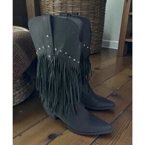Roper Oakley Studded Pointed Toe Cowboy Black Boots Western Fringe Women's 8